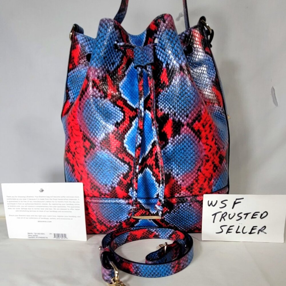 BRAHMIN MARLOWE HEAT ROSEN RED/BLUE LEATHER SNAKESKIN BUCKET SHOULDER BAG/PURSE